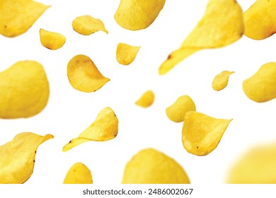 Potato chips flying on white background. Vector realistic illustration of fast food snacks falling down, splash of crispy fried or baked vegetable meal, spicy appetizer pattern, salty oval slices