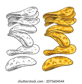 Kartoffelchips fliegen. Vintage Vektorgrafikfarbe und monochrome Abbildung. Einzeln auf weißem Hintergrund. Handgezeichnete Designfarbe