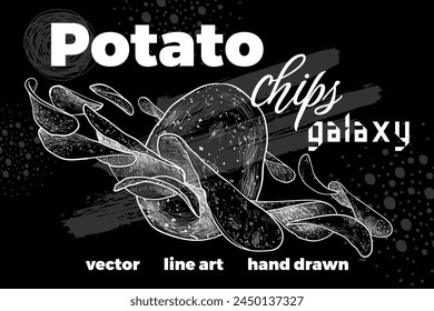 Patatas fritas galaxia. Vector dibujado a mano patatas fritas con tipografía monocroma sobre fondo blanco.