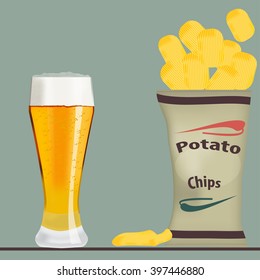 Potato chips and glass of beer realistic illustration. Potato chips and beer vintage style illustration. Potato chips and beer menu elements. Potato chips and beer restaurant menu concept
