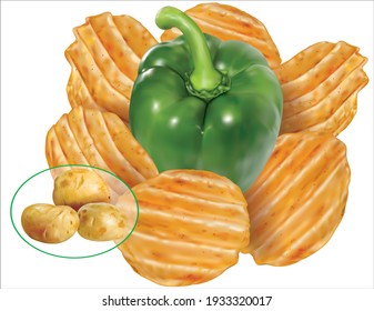 Potato Chips With Green Pepper Paprika And Potatoes Tuber. Vector Mesh Illustration