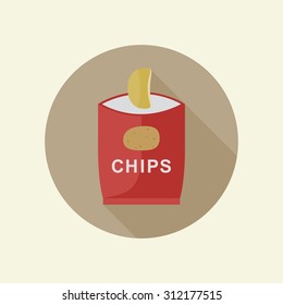Potato chips icon with long shadow in flat style.