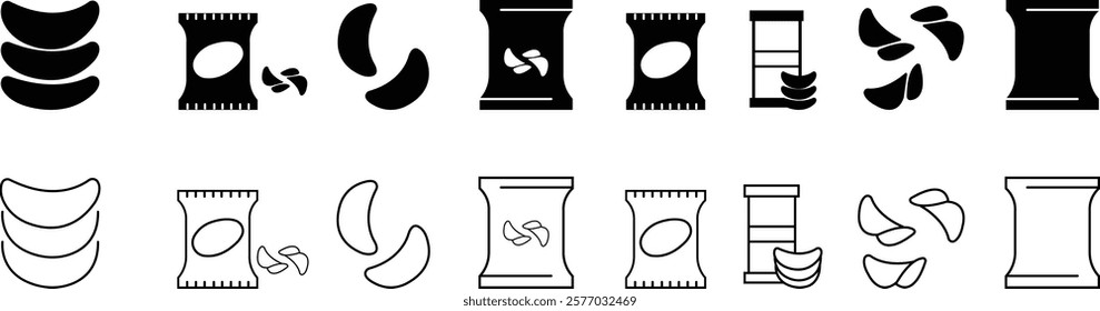 Potato chips icon set. Salty snacks vector symbols graphic design elements, junk food template, isolated on transparent background, Pictograms and infographics, used for fast food element, mobile app