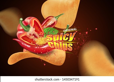 Potato chips logo on solid color background, Chips with chili flavor design elements, Vector realistic 3d illustration, of free space for your copy.