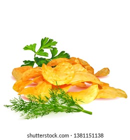 Potato chips low poly. Fresh, tasty potato. Tasty green dill and parsley. Delicious and healthy lunch. Potato chips whit green dill and parsley in triangulation technique. 