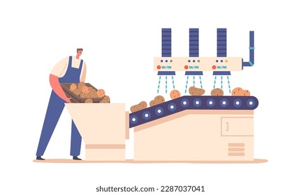 Potato Chips Manufacturing Process. Worker Character Wearing Uniform Washing Raw Vegetables on Factory Conveyor