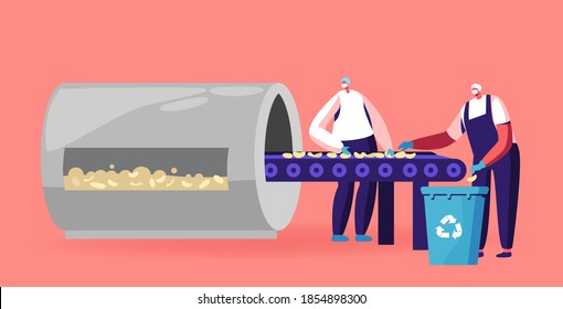 Potato Chips Manufacturing Process. Workers Characters Wearing Uniform on Factory Stand at Conveyor Belt Sorting Baked Chips. Employees on Assembling Line on Plant. Cartoon People Vector Illustration