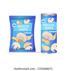 potato chips with mushrooms flavor crisps natural potatoes packaging advertising design template isolated vector illustration