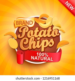 Potato chips on gold sunburst background.100 percent natural, organic and fresh healthy food. Perfect template for brand, flyers, web, posters, ad, promotions, marketing, packaging.Vector illustration