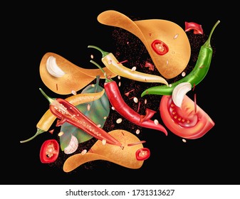 Potato chips on solid color background. Chips with tomato, chili, gralic splashing flavor design elements, Vector realistic 3d illustration.