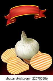 potato chips and onion on a dark background