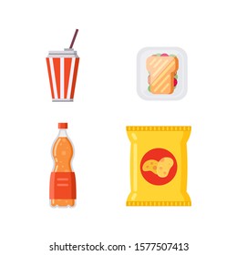 Potato chips pack bag coffee and soda drinks collection vector illustration.