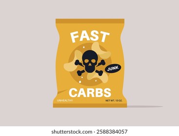 Potato chips pack displays vivid warning signs featuring a skull and crossbones, emphasizing unhealthy eating choices in a humorous yet serious manner, capturing attention instantly