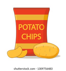Potato chips package bag.Vegetable potatoes.Isolated white background.Flat vector.Fast food.Harmful and unhealthy food.
