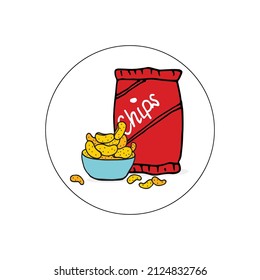 potato chips package with potato chips in a bowl illustration. hand drawn vector. red package. business logo, branding. doodle art for logo, label, poster, advertising, cover. chips snack. fast food. 