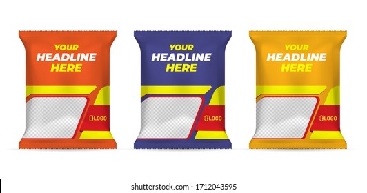 Potato chips package design, foil bags isolated on white background in 3d illustration