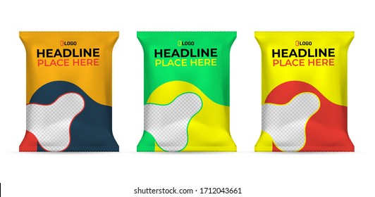 Potato chips package design, foil bags isolated on white background in 3d illustration