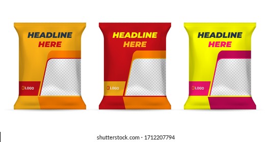 Potato chips package design, foil bags isolated on white background in 3d illustration