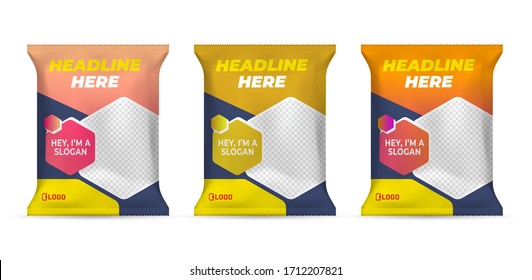 Potato chips package design, foil bags isolated on white background in 3d illustration