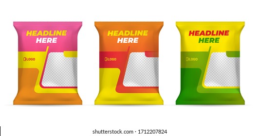 Potato chips package design, foil bags isolated on white background in 3d illustration