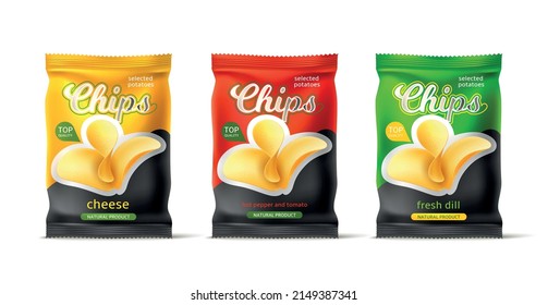 Potato chips package design. Realistic vegetable snacks. Fast food product mockup. Frying unhealthy meal in air bags. Fried crunchy tuber slices. Different tastes. Vector