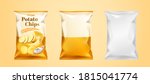 Potato chips package design, set of foil bags isolated on biege background in 3d illustration