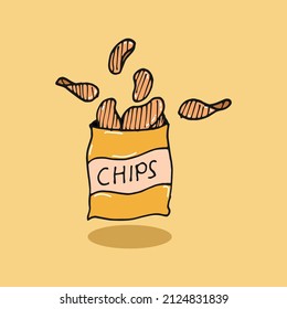 Potato Chips Package Illustration. Golden Color. Pile Of Chips, Open Package. Hand Drawn Vector. Floating With Shadow. Doodle Art For Business Logo, Label, Sticker, Clipart, Advertising, Poster. 