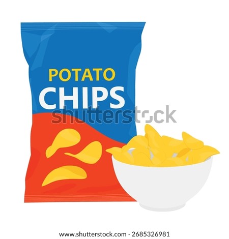 Potato chips package and plate of chips, isolated on white background. Chips bag and bowl filled with pile of crisps. Packaging template design. For snack branding, advertisements and packaging design