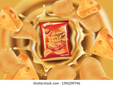 Potato chips and packaging ads, Chips with chillies flavor design elements, Vector realistic 3d illustration, of free space for your copy and branding. Food concept. 