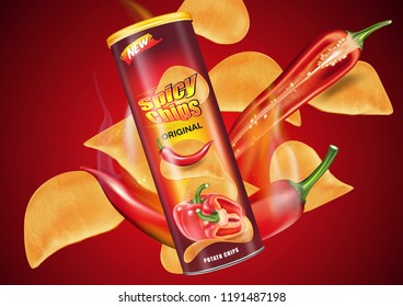 Potato chips and packaging burning on fire ads, Chips with chillies flavor design elements, Vector realistic 3d illustration, of free space for your copy and branding. Food concept.