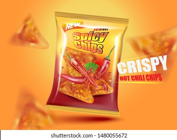 Potato chips with packaging and chilies design elements, Vector realistic 3d illustration, of free space for your copy and branding. Food concept.