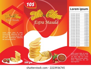 Potato chips with packaging and chilies design elements, Vector , of free space for your copy and branding. Food concept