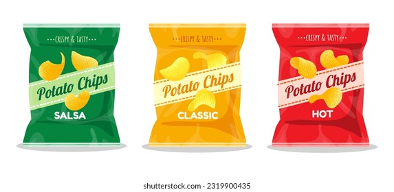 Potato chips packaging design. Crunce chips potatos in bag packag, crisp snacks potatoes yellow green red baked packing salted boil hot isolated vector set