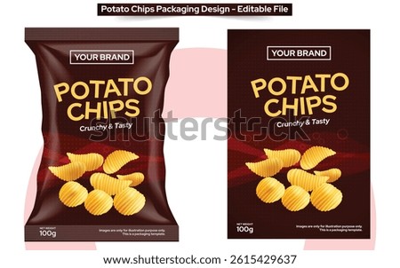 Potato Chips packaging design, food product flat label design for printing, potato chips pouch packaging design editable file and mockup template download
