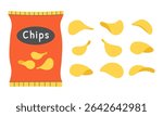 Potato chips packaging and individual chips. Vector illustration.