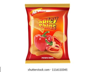 Potato chips packaging isolated on white background, Chips with bell peppers flavor design elements, Vector realistic 3d illustration, of free space for your copy. 