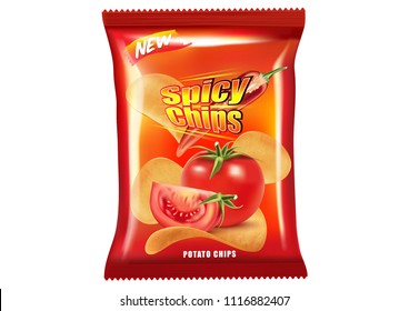 Potato chips packaging isolated on white background, Chips with chili and tomatoes flavor design elements, Vector realistic 3d illustration, of free space for your copy.