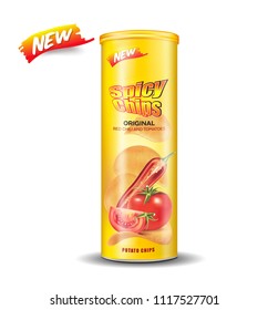 Potato chips packaging isolated on white background, Chips with chili and tomatoes flavor design elements, Vector realistic 3d illustration, of free space for your copy and branding. Food concept.
