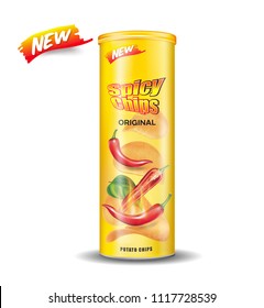 Potato chips packaging isolated on white background, Chips with red chili flavor design elements, Vector realistic 3d illustration, of free space for your copy and branding. Food concept.