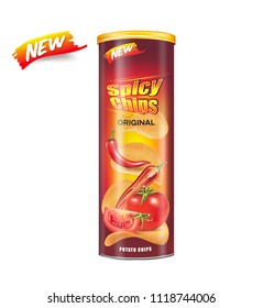 Potato chips packaging isolated on white background, Chips with red chili and tomatoes flavor design elements, Vector realistic 3d illustration, of free space for your copy and branding. Food concept.