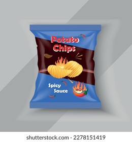 Potato chips packaging isolated on white background, Chips with chili and tomatoes flavor design elements, Vector realistic 3d illustration, of free space for your copy.