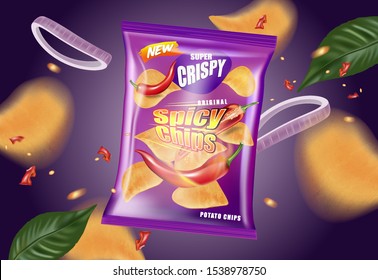 Potato chips packaging on solid color background, Chips with chili flavor design elements, Vector realistic 3d illustration, of free space for your copy.