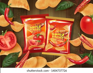 Potato chips packaging on wooden table background, Chips with chili and tomatoes flavor design elements, Vector realistic 3d illustration, of free space for your copy.