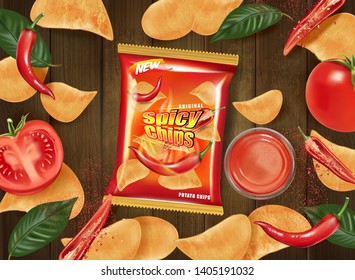 Potato chips packaging on wooden table background, Chips with chili and tomatoes flavor design elements, Vector realistic 3d illustration, of free space for your copy.