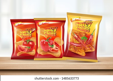 Potato chips packaging on wooden table in window light background, Chips with chili and tomatoes flavor design elements, Vector realistic 3d illustration, of free space for your copy.