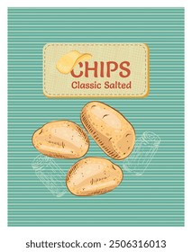 Potato chips packaging. Potato and salt on striped background. Vector image for packaging, decoration, design.