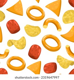 Potato chips pattern. Seamless print of crunchy crispy salted snack, fast food fried food for party decoration. Vector texture with potato fast food background and pattern illustration