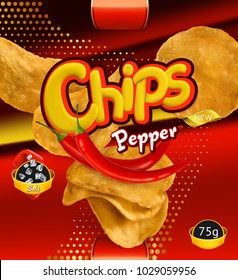 Potato chips. Pepper flavor. Design packaging, 3d vector template