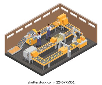 Potato chips production isometric composition with isolated view of factory unit with moving line and workers vector illustration