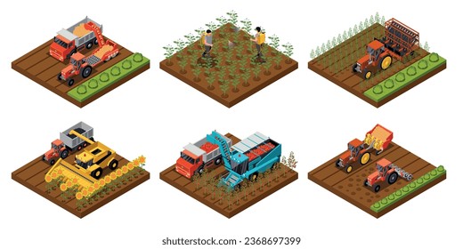 Producción de patatas fritas isométricas con seis plataformas aisladas de trabajos de campo con maquinaria e ilustración vectorial de cosecha